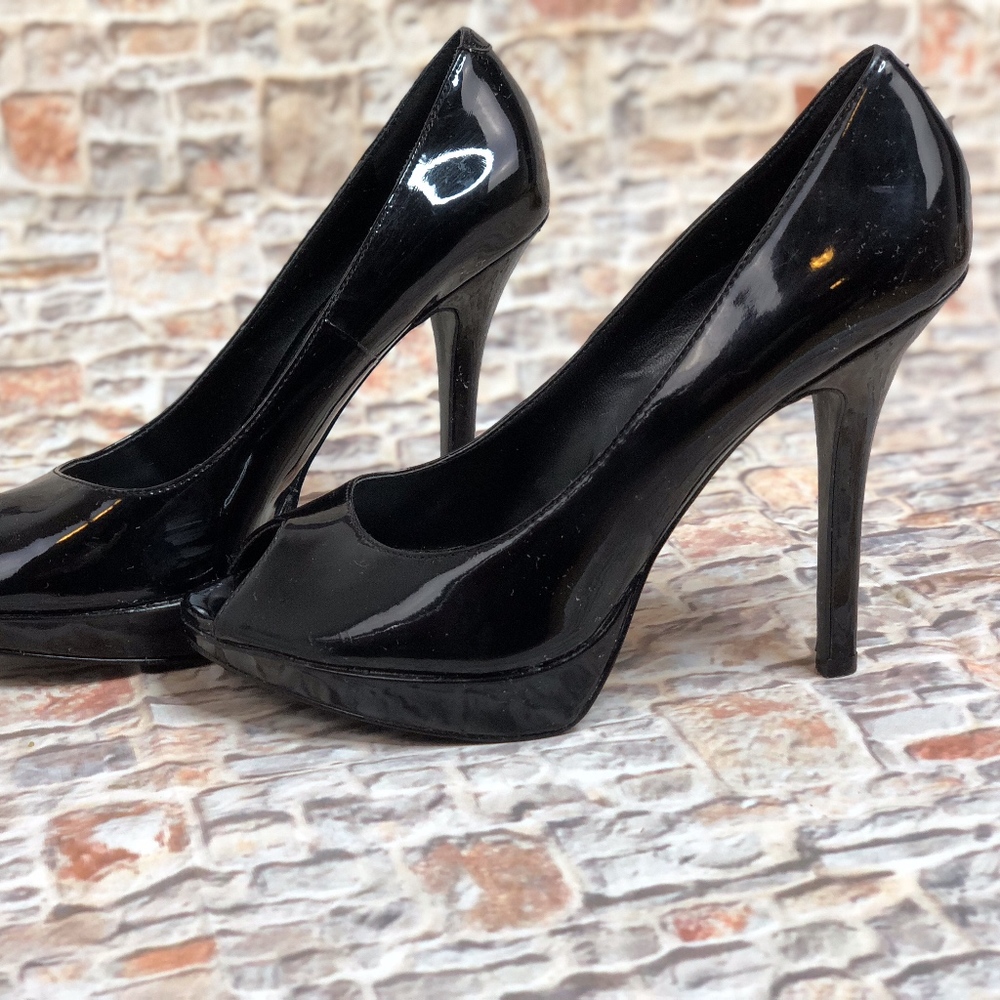 Aldo 8US Leather Black Stiletto Platforms peeptoes